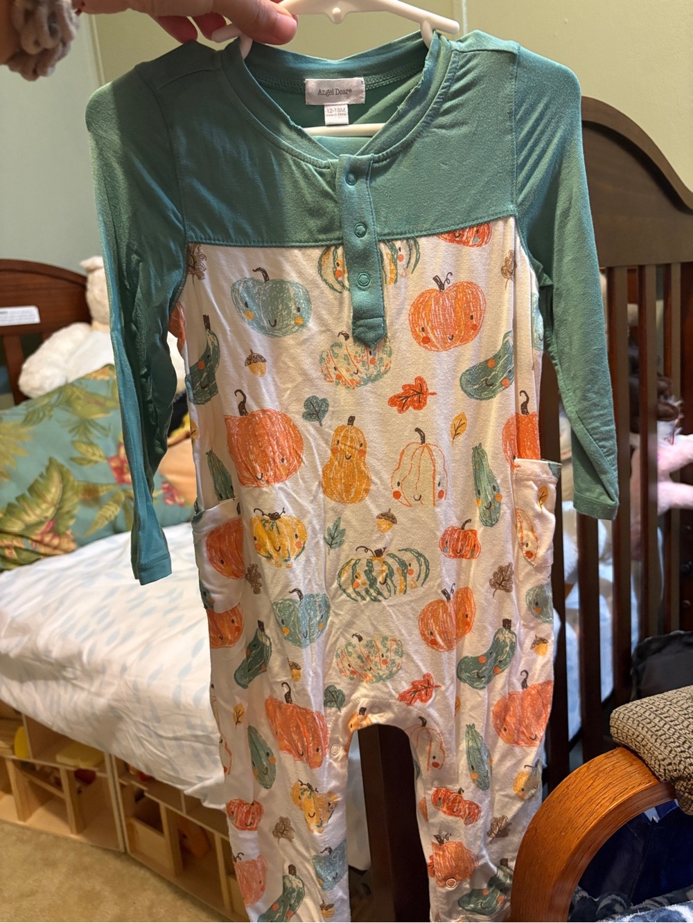 Angel Dear Fall Pumpkins Green & Pumpkin Print Baby Romper